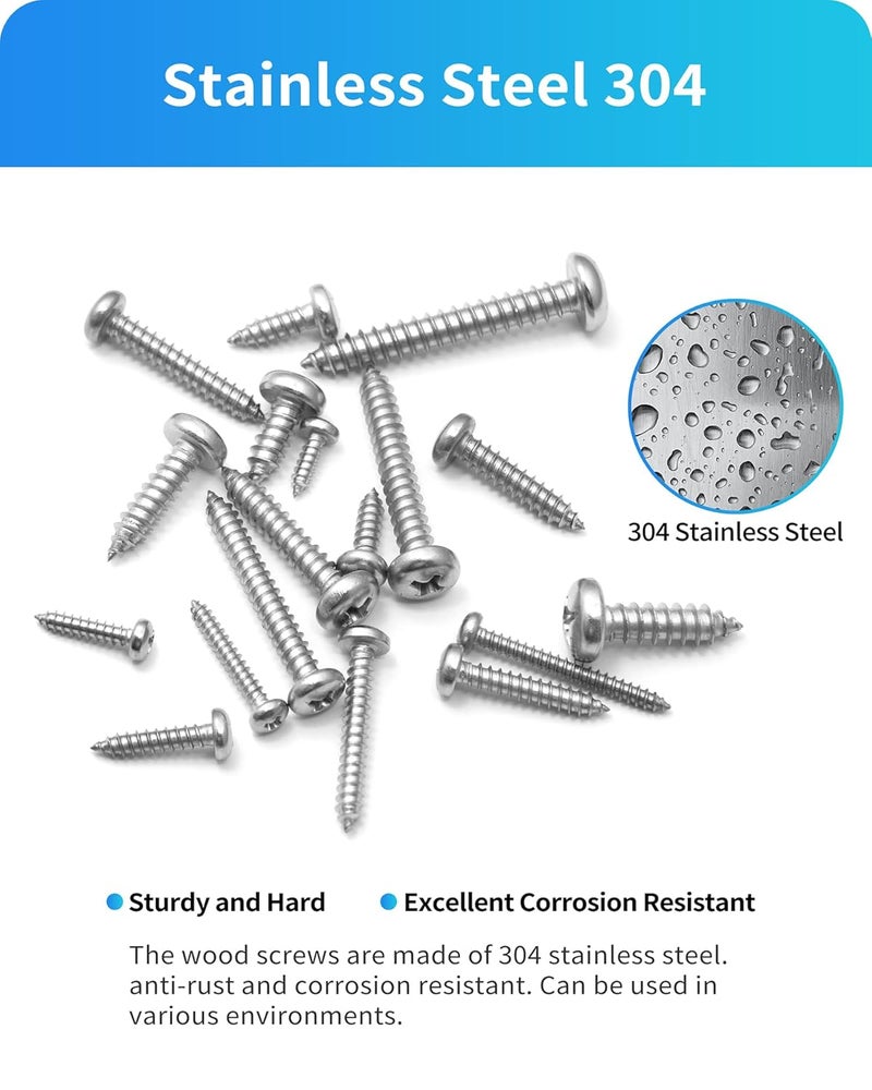 DIVANC 550Pcs 304 Stainless Steel Wood Screws Assortment Kit, Phillips Pan Head Sheet Metal Screw Self Tapping Screws Set, #4#6#8#10#12 Wood Assorted Screws, Length 1/4" to 1-1/2" (Pan Head 550PCS) - Image 4